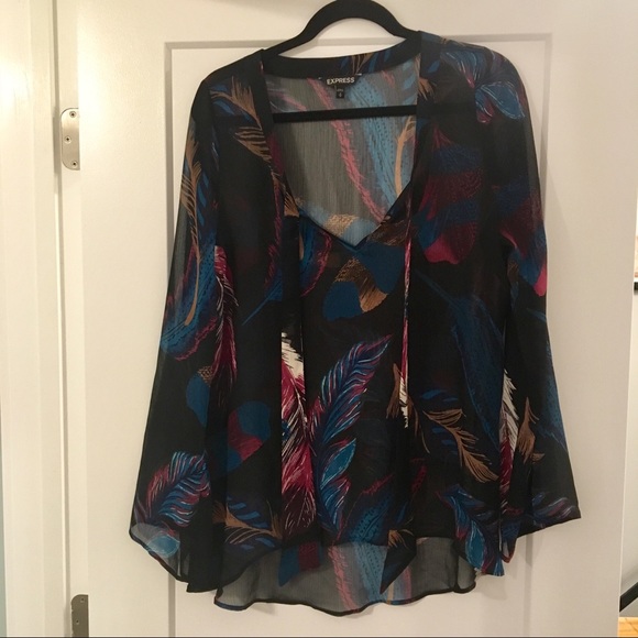 Express feather print tie-neck sheer blouse, M - Picture 2 of 4
